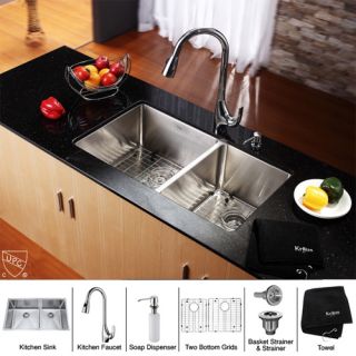 Kraus KHU10333KPF1621KSD30CH 33 inch Undermount Double Bowl Stainless Steel Kitchen Sink with Chrome Kitchen Faucet and Soap Dispenser