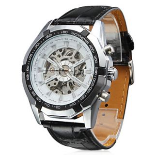 Mens Auto Mechanical Hollow White Dial Black PU Band Wrist Watch