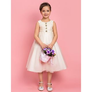 A line/Princess Jewel Tea length Tulle Flower Girl Dress