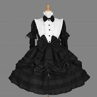 Long Sleeve Knee length Black Cotton Classic School Lolita Dress with Cravat