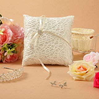 Classic Themed White Lace Satin With White Ribbon Bow Ring Pillow