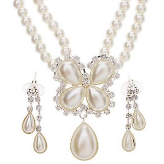 Embroidered Flower Pearl Earrings Necklace Jewelry Set