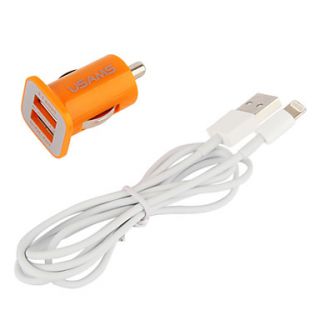 Dual USB Port Car Charger with 100cm Apple 8 Pin Cable for iPad Mini,iPhone 5,iPad 4 (DC12 24V,3.1A)