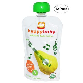 Happy Baby Stage 1 Pear Food Pouch Pear (pack Of 12) (White pouch with light green lidDimensions 6.5 inches high x 4.6 inches wide x 6.9 inches longWeight 3.5 oz. each packFlavor PearNo. of Packs Twelve (12)Safety Do not microwave or boil pouch. Caps
