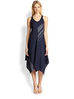 Eileen Fisher Linen Embroidered Asymmetrical Dress   Midnight