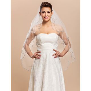 Two tier Tulle Fingertip Wedding Length Veil With Beaded / Scalloped Edge