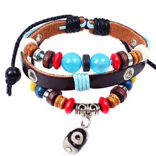 Alloy Wooden Bead Conneted Leather Bracelet