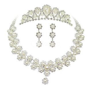 Sweet Silver Pearl Metal Tiara Earrings Necklace Wedding Set