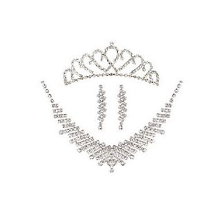 Sweet Heart Silver Metal Tiara Earrings Necklace Wedding Set