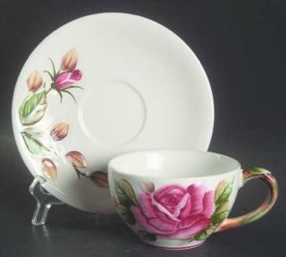 Lefton Americana Flat Cup & Saucer Set, Fine China Dinnerware   Large Pink Rose,