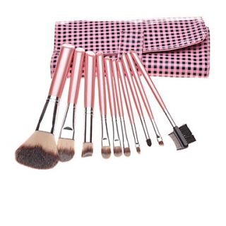 10PCS Pink Handle Cosmetic Brush Set With PinkBlack Check Leather Pouch