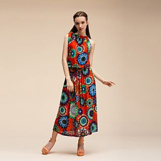 Womens Two Piece Halter Sunflowers Print Sleeveless Top With Maxi Skirts