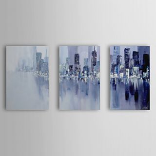 Hand Painted Oil Painting Abstract Blue Building with Stretched Frame Set of 3 1309 AB1020