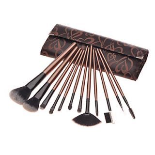 12PCS Coffee Handle Cosmetic Brush Set With Loving heart Leather Pouch
