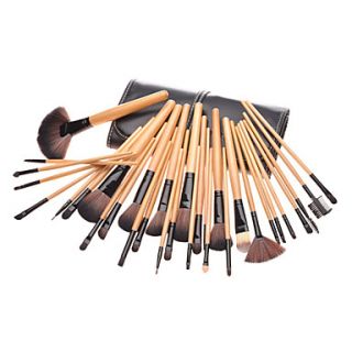 32PCS Wooden Handle Cosmetic Brush Set With Black Leather Pouch