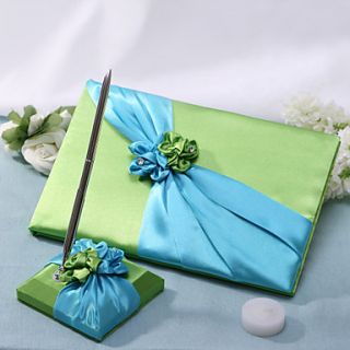 Green Wedding Guest Book And Pen Set With Green And Blue Flowers