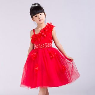 A line One Shoulder Knee length Satin And Tulle Flower Girl Dress With Flowers(More Colors)
