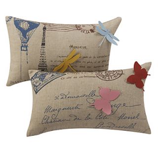 Set of 2 Butterfly and Dragonfly Embroidery Polyester Decorative Pillow Cover