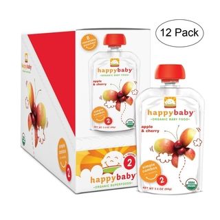 Happy Baby Apple/ Cherry Stage 2 Food Pouch (12 Pack) (White pouch with orange lidDimensions 5.6 inches high x 4.6 inches wide x 6.9 inches longSize 3.5 ounces each pouchFlavor Apple, cherryIncludes Twelve (12) pouchesSafety Caps present choking haza