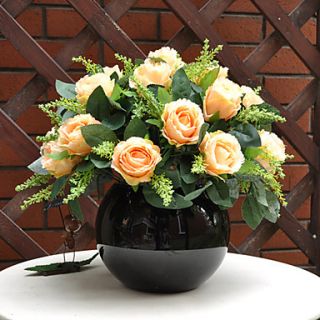 12Champagne Color Large Roses Arrangement With Black Round Ceramic Vase