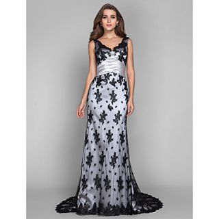 A line V neck Sweep/Brush Train Lace And Stretch Satin Evening Dress