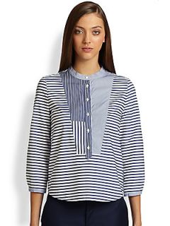 Band of Outsiders Patchwork Bib Stripe Blouse   Blue Bonne