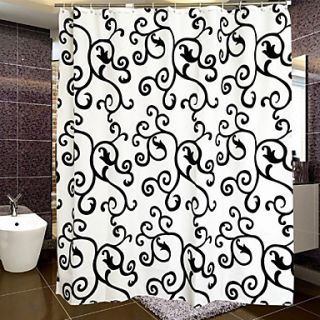 Shower Curtain Black Flower Print Thick Fabric Water Resistant W71 x L71