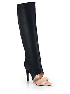 Jerome Dreyfuss Ella Embossed Leather Open Toe Knee High Boots   Navy
