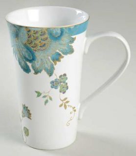 222 Fifth (PTS) Eliza Teal Latte Mug, Fine China Dinnerware   Teal Floral & Rim,
