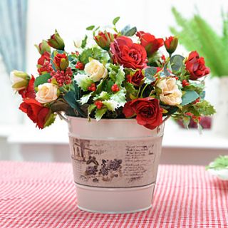 11Country Style Red Roses Arrangement With Metal Bucket Vase