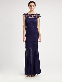 Kay Unger Lace & Chiffon Gown   Navy