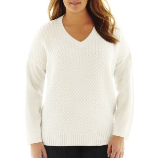 LIZ CLAIBORNE Long Sleeve V Neck Sweater   Plus, White
