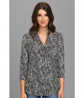 Vince Camuto Pleat V Neck Dotted Terrain Top Womens Blouse (Black)