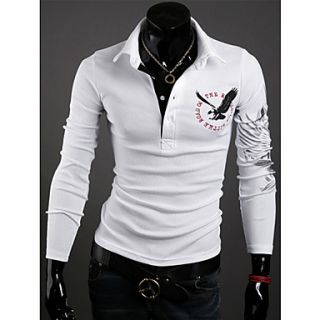 Langdeng Casual Print Slim Long Sleeve Lapel Polo Shirt(White)