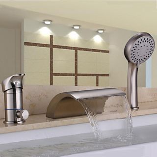 Contemporary Nickel Brushed Three Holes Single Handle Waterfall Handshower Included Bathtub Faucet with Hand Shower