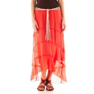 By & By Tiered Belted Maxi Skirt, Coral, Womens