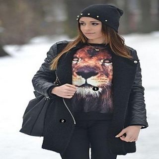 Womens Round Neck 3D Lion Animal Print Long Sleeve Loose Hoodies