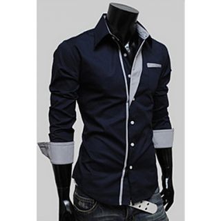 Langdeng Casual Harem Slim Contrast Color Long Sleeve Shirt(Navy Blue)