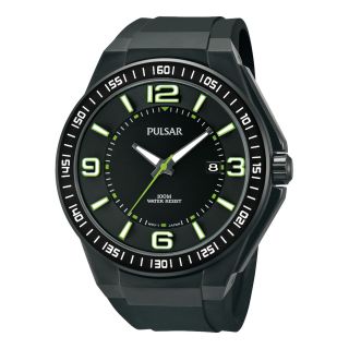 Pulsar Mens Black & Green Rubber Strap Watch