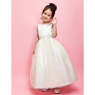 A line/Ball Gown Jewel Ankle length Satin Flower Girl Dress With Ribbon And Bow