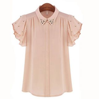 LCL Casual Chiffon Beads Ruffle Short Sleeve Diamonade Shirt(Almond)