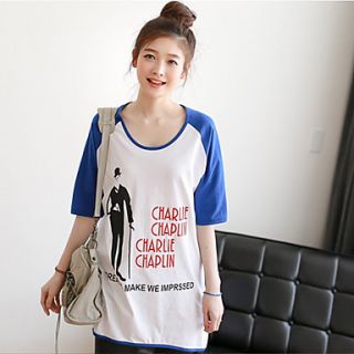 E Shop 2014 Summer Maxi Embroidery Loose Fit 1/2 Length Blue Sleeve T Shirt