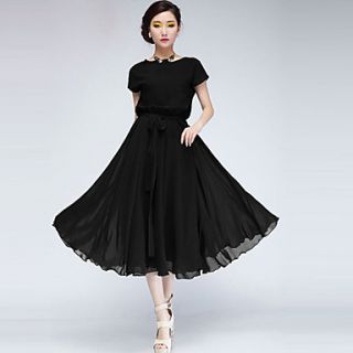 Color Party Womens Fashion Chiffon Dress With Long Belt (Black)