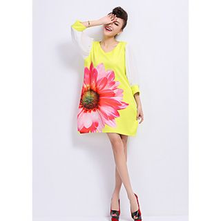 JRY Womens Simple Round Neck Yellow Floral Print Knitwear Loose Fit Dress