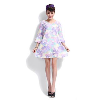 JRY Womens Round Neck Colorful Lace Floral Print Loose Fit Dress