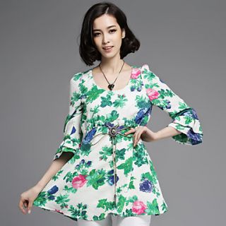 LCL Casual 3/4 Sleeve Floral Print Ruffle Knitted High Waist Dress(Screen Color)