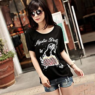 E Shop 2014 Summer Fashion Print Loose Fit Bat Sleeve Black T Shirt
