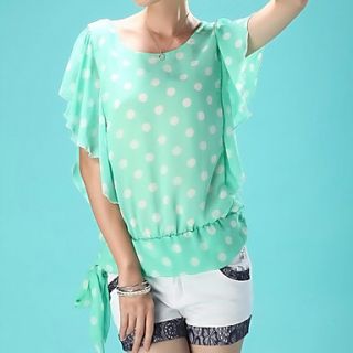 E Shop 2014 Summer Adjustable Waist Polka Dots Ruffle Sleeve Chiffon Shirt (Green)