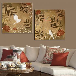 Modern Style Bird Floral Wall Clock in Canvas 2pcs