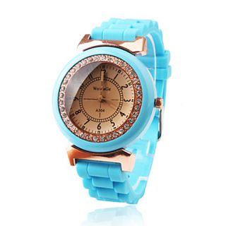 Baby Blue Silicone Band Quartz Movement Wrist Watch with Czechic Diamond Decoration